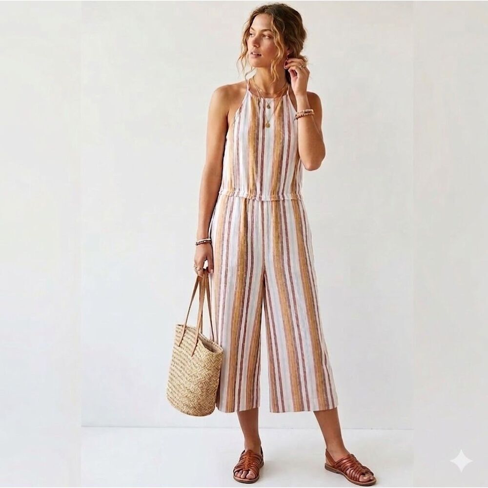 CLOTH & STONE Striped Linen Blend Halter Jumpsuit Cropped Wide Leg L